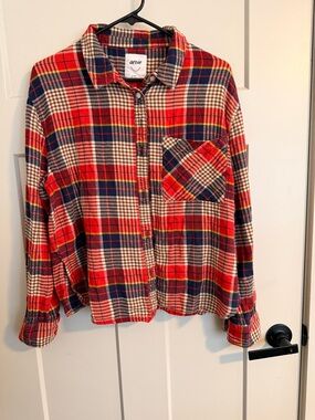 Aerie Red Navy and Brown Plaid Button-Up Shirt